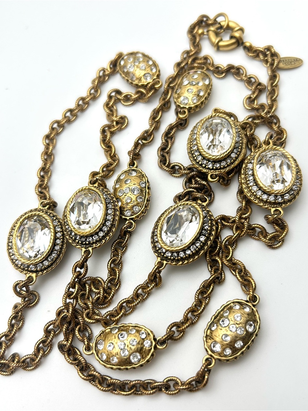 Elizabeth Cole Long Crystal Gold Link Station Necklace 45”